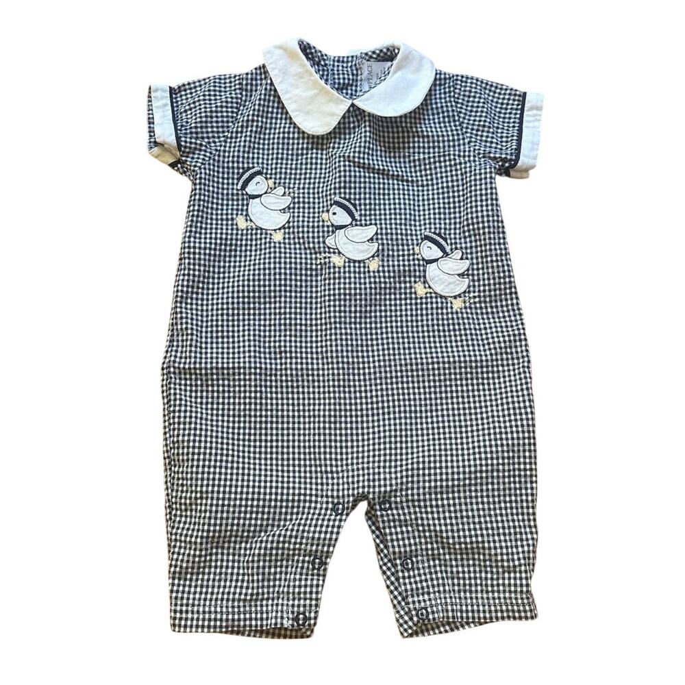Baby Place VTG black checkered collar‎ duck embroidered one piece SIZE 3-6M